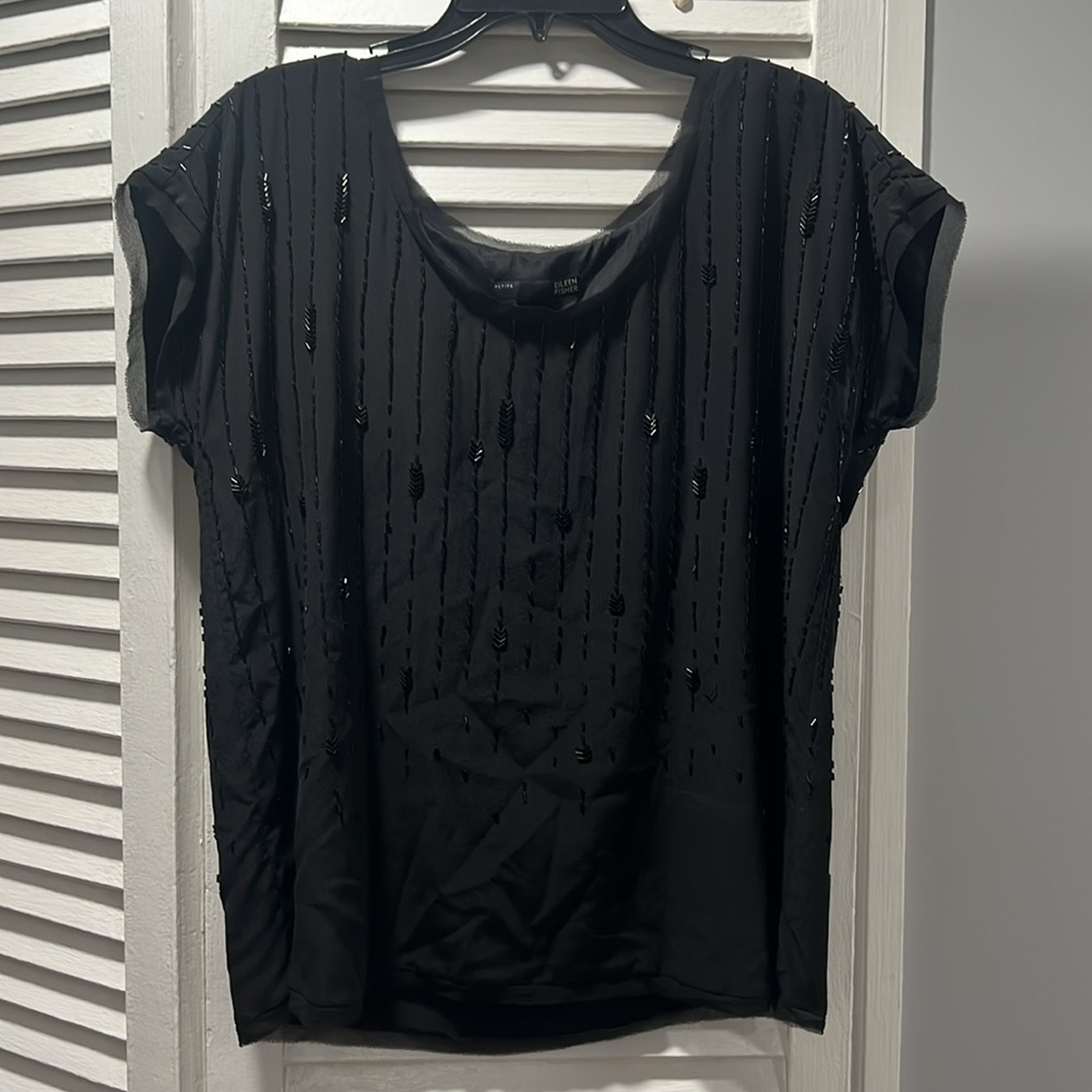 Eileen Fisher Womens Black Beaded Silk Satin Blouse Short Sleeve